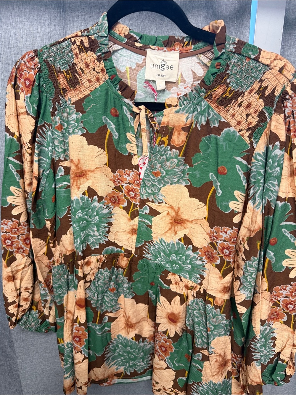 Umgee Green Brown Floral Tie-Front Tunic